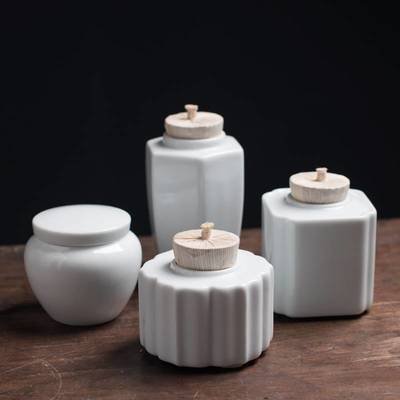 景德镇多种形状陶瓷茶叶罐 带木塞影青密封罐 便携旅行白瓷茶叶罐